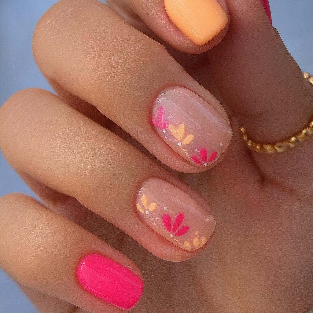 Short Square Press-On Nail Set – Hot Pink & Peach Floral Nails | Glossy Reusable False Nails (Set of 24 Pieces)