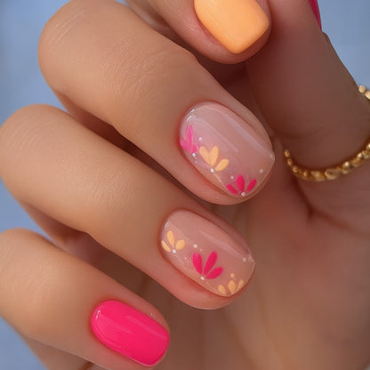 Short Square Press-On Nail Set – Hot Pink & Peach Floral Nails | Glossy Reusable False Nails (Set of 24 Pieces)