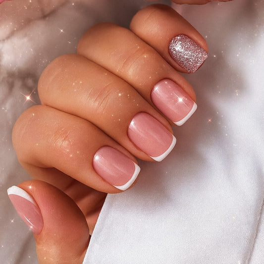 Short Square Press-On Nail Set – Classic French Tips with Rose Gold Glitter Accent | Glossy Reusable False Nails (Set of 24 Pieces)