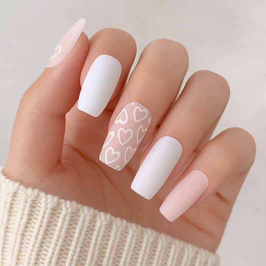 Long Coffin Press-On Nail Set – Matte White & Blush Pink Heart Nails | Reusable False Nails (Set of 24 pieces)