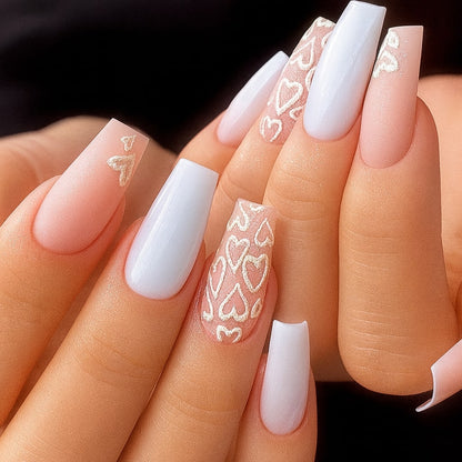 Long Coffin Press-On Nail Set – Matte White & Blush Pink Heart Nails | Reusable False Nails (Set of 24 pieces)
