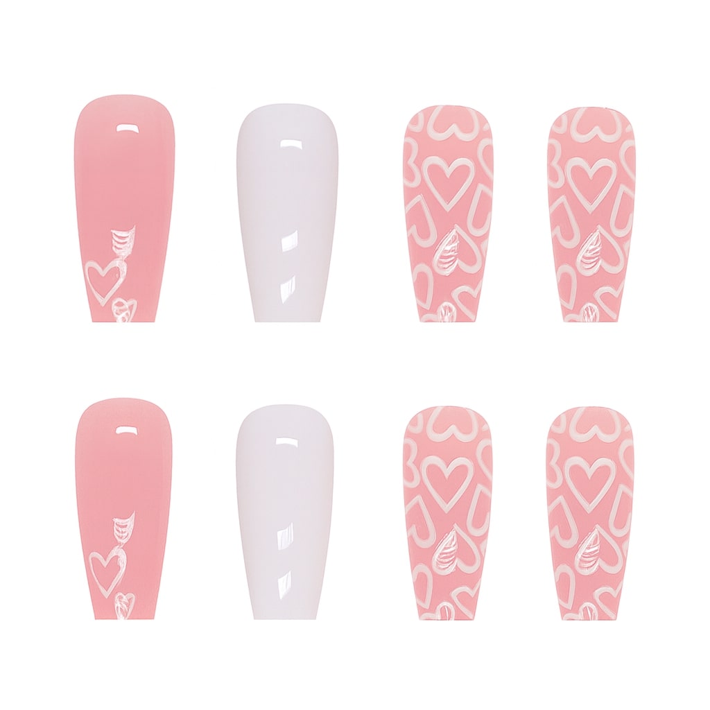 Long Coffin Press-On Nail Set – Matte White & Blush Pink Heart Nails | Reusable False Nails (Set of 24 pieces)