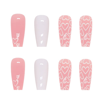 Long Coffin Press-On Nail Set – Matte White & Blush Pink Heart Nails | Reusable False Nails (Set of 24 pieces)