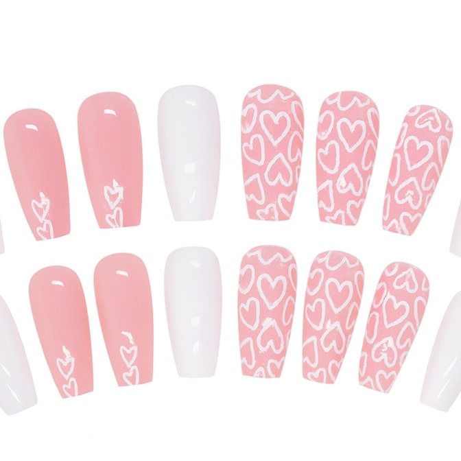 Long Coffin Press-On Nail Set – Matte White & Blush Pink Heart Nails | Reusable False Nails (Set of 24 pieces)