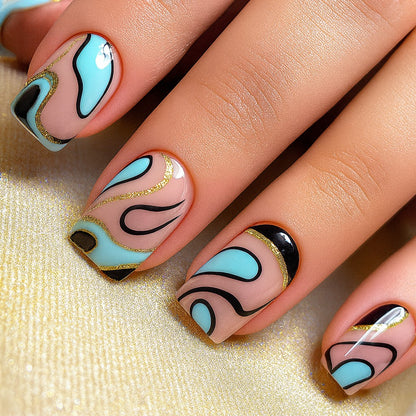 Abstract Aqua & Gold Wave Press-On Nails – Glossy Nude, Black & Blue Luxury Nail Set (Set of 24)