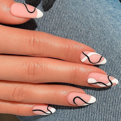 Almond Press-On Nail Set – White French Tips with Black Abstract Swirl Design | Glossy Nude False  (Nails Set of 24-Piece )