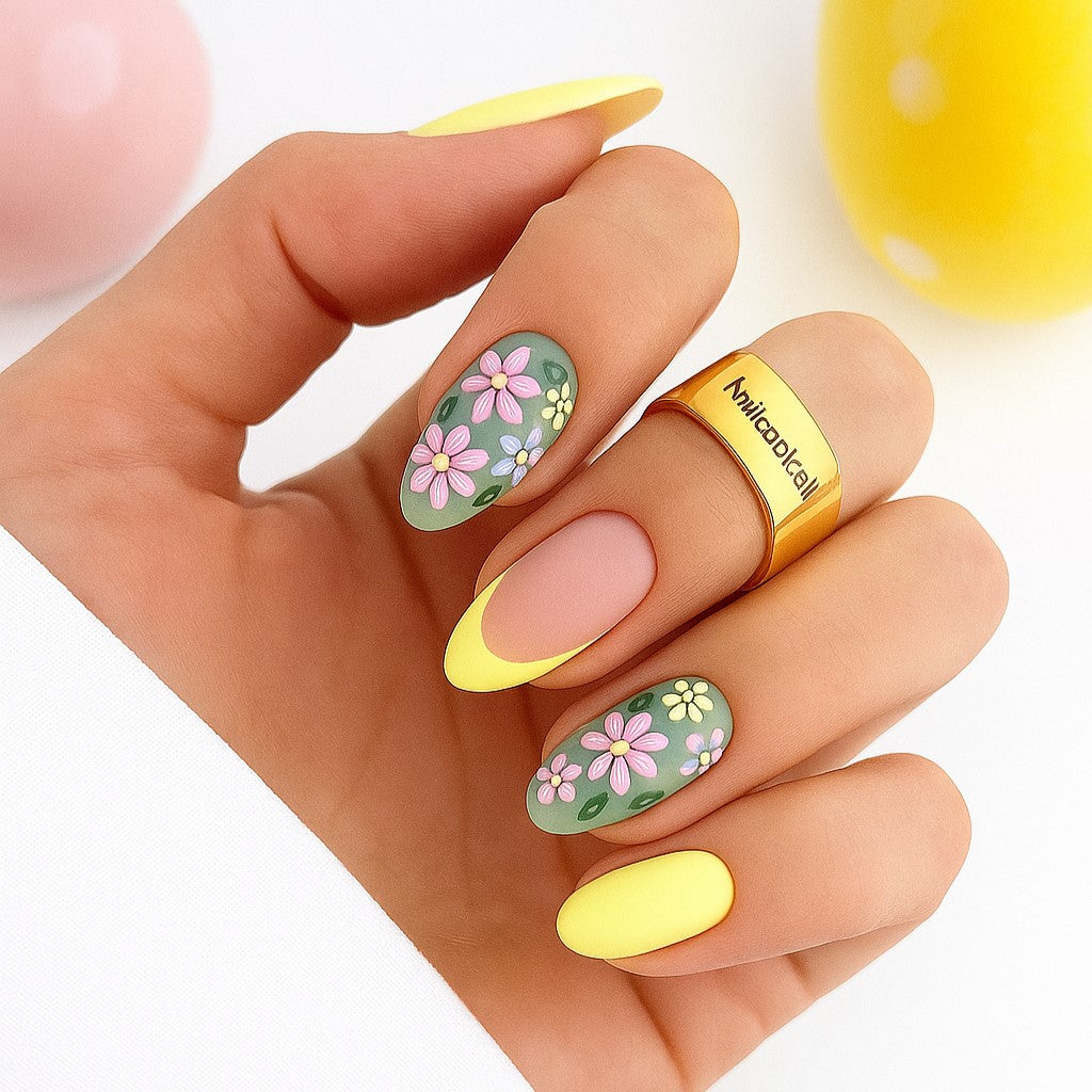 Sunny Meadow Almond Press On Nails – 24 Piece Yellow Floral French Tip Nail Set