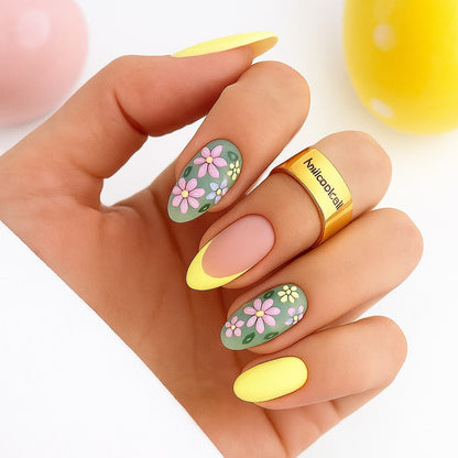 Sunny Meadow Almond Press On Nails – 24 Piece Yellow Floral French Tip Nail Set