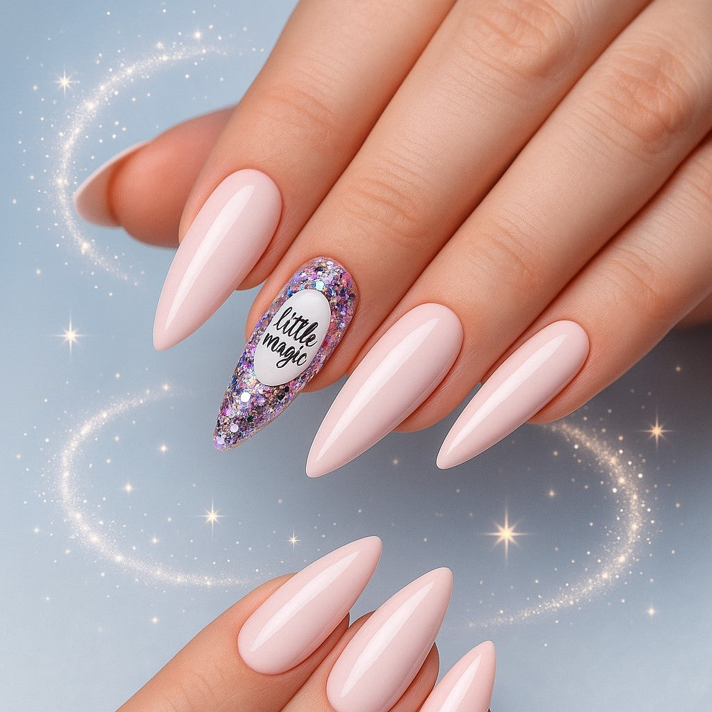 Little Magic Stiletto Press On Nails – 24 Piece Blush Pink Glitter Accent Nail Set