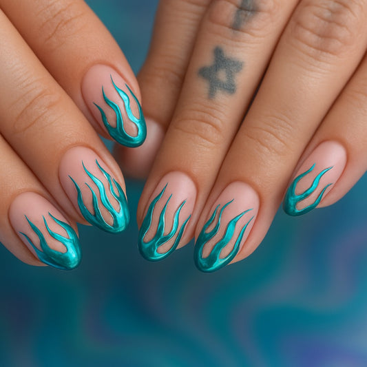 Teal Flame Almond Press On Nails – 24 Piece Metallic Flame French Tip Nail Set