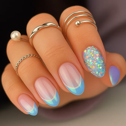 French Manicure Style Nails with Blue Tips and Glitter Accent, Press-On Nails (Set of 24)