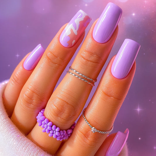 Glossy Lavender Square Press-On Nails – Solid Purple with Abstract Accent Nail (Set of 24)