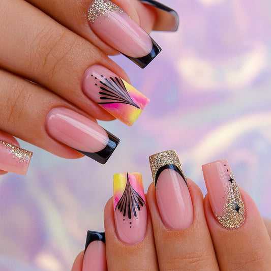 Sunset Glam Square Press On Nails – 24 Piece Black French Tip & Gold Glitter Nail Set