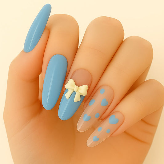 Long Almond Press-On Nail Set – Sky Blue Heart Nails with 3D Bow Accent | Glossy Reusable False Nails (Set of 12)