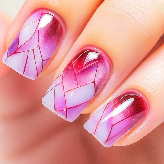 Pink & Lavender Geometric Ombre Press-On Nails – Glossy Short Square Nail Set (Set of 24)