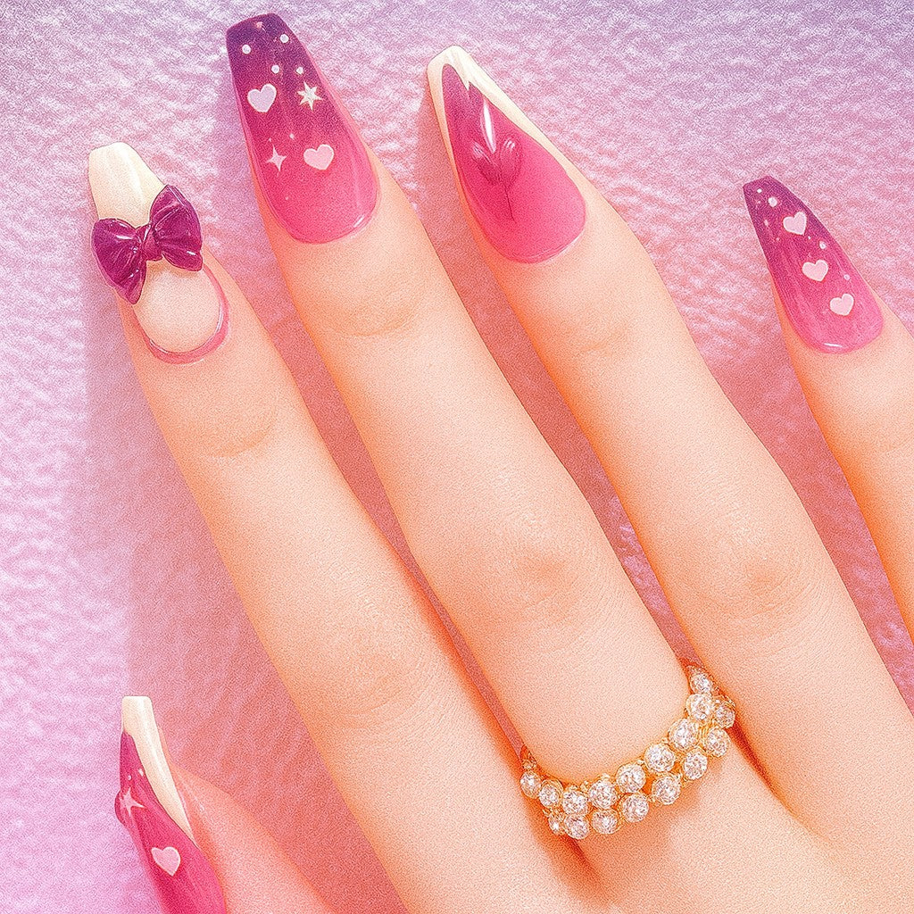 Pink Bow Coffin Press-On Nails – 3D Heart & Ribbon Glossy Long Nail Set (Set of 12)