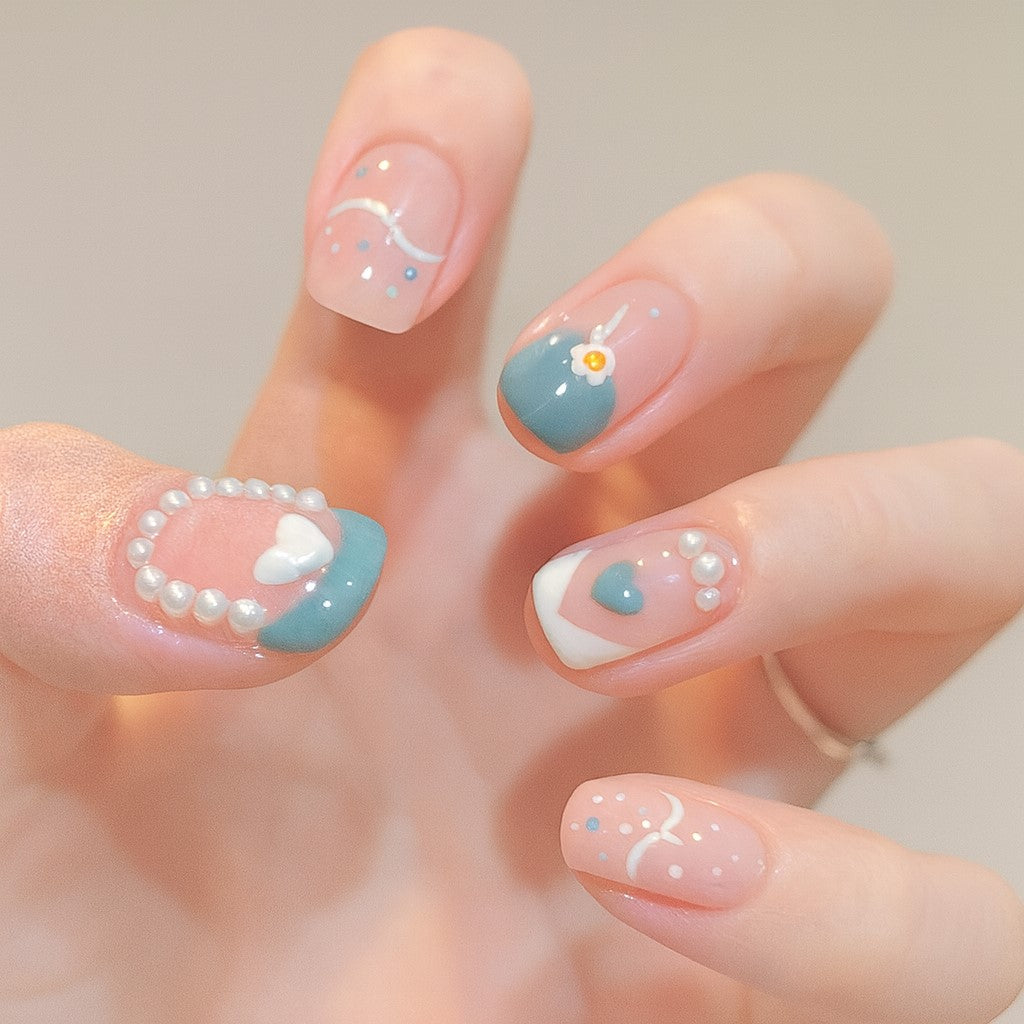 Blue Floral Pearl Press-On Nails with Heart Accents | Set of 12 Reusable Nails