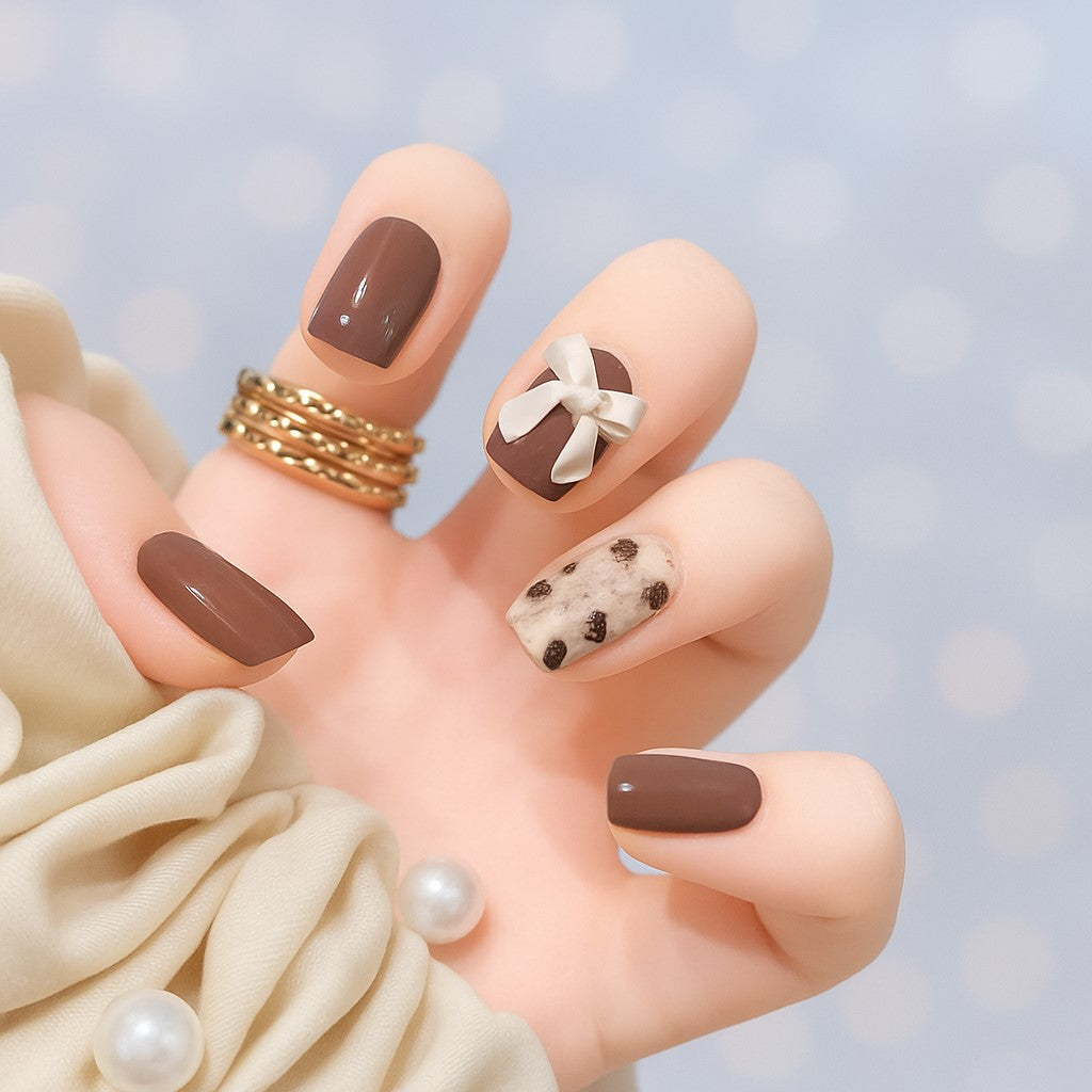 Mocha Brown Bow & Speckled Accent Press-On Nails – 12 Piece Glossy Square Nail Set