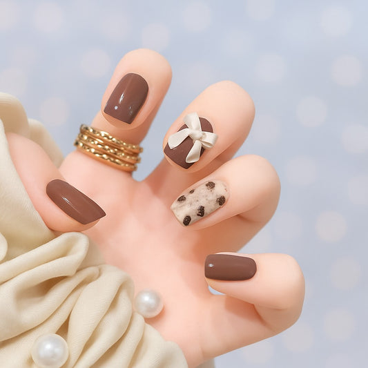 Mocha Brown Bow & Speckled Accent Press-On Nails – 12 Piece Glossy Square Nail Set