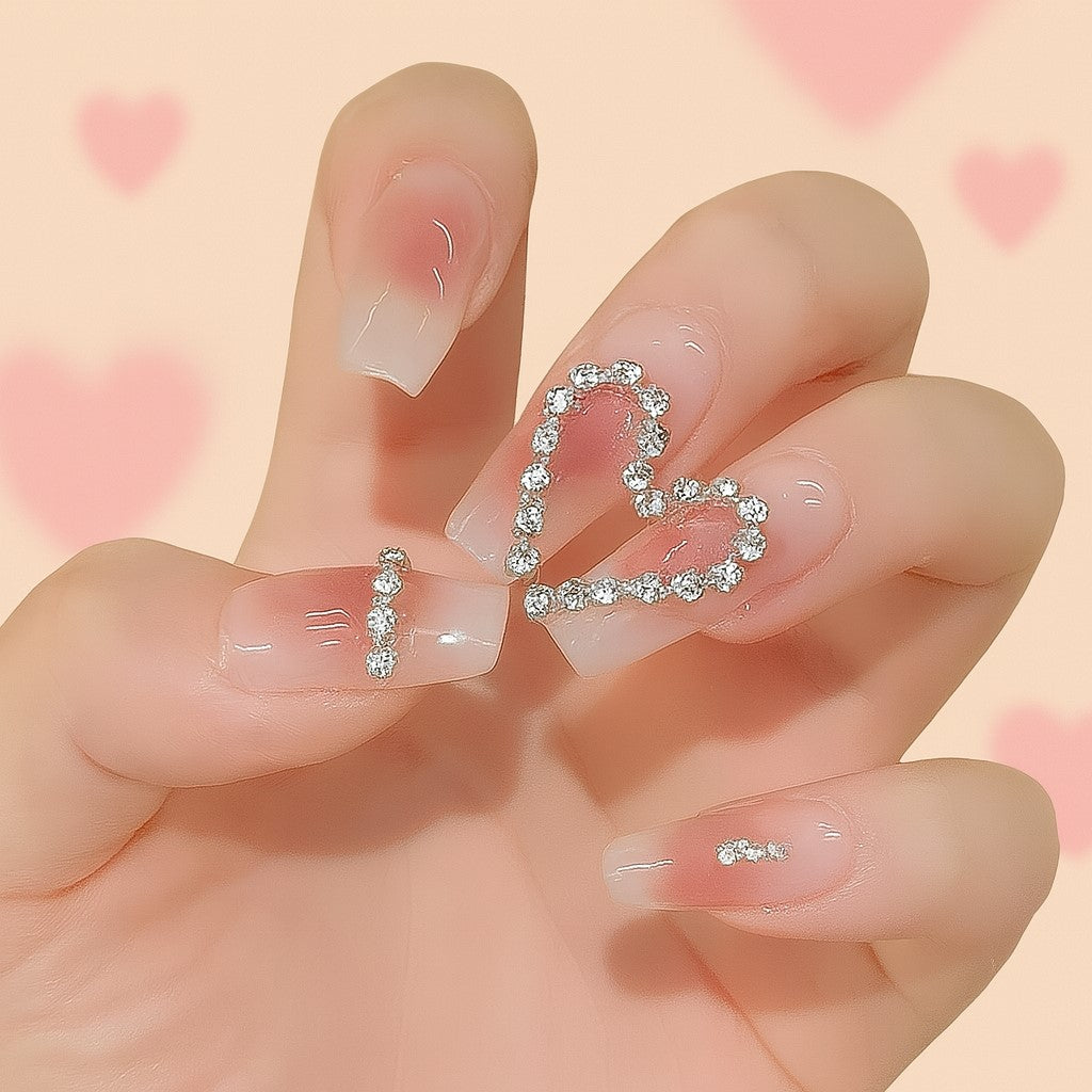 Clear Ombre Rhinestone Heart Press-On Nails – 12 Piece Glossy Square Nail Set
