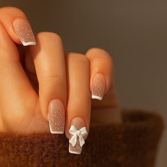Nude Glitter French Tip Coffin Press-On Nails – 3D White Bow Glossy Nail Set (Set of 12)
