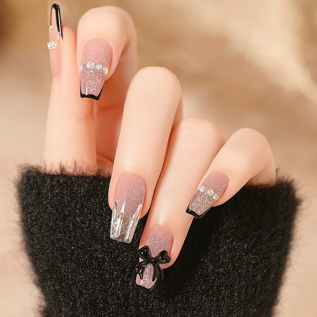 Black French Glitter Coffin Press-On Nails – 3D Bow & Rhinestone Glam Nail Set (Set of 12)