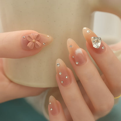 Nude Floral Rhinestone Press-On Nails with 3D Flower & Crystal Accent | Set of 12 Reusable Nails