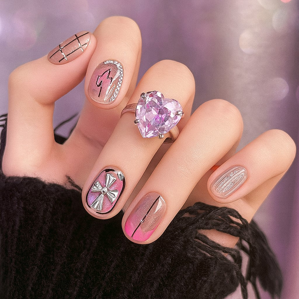 Pink Chrome Bow Short Square Press-On Nails – Metallic Ribbon & Abstract Glam Nail Set (Set of 12)