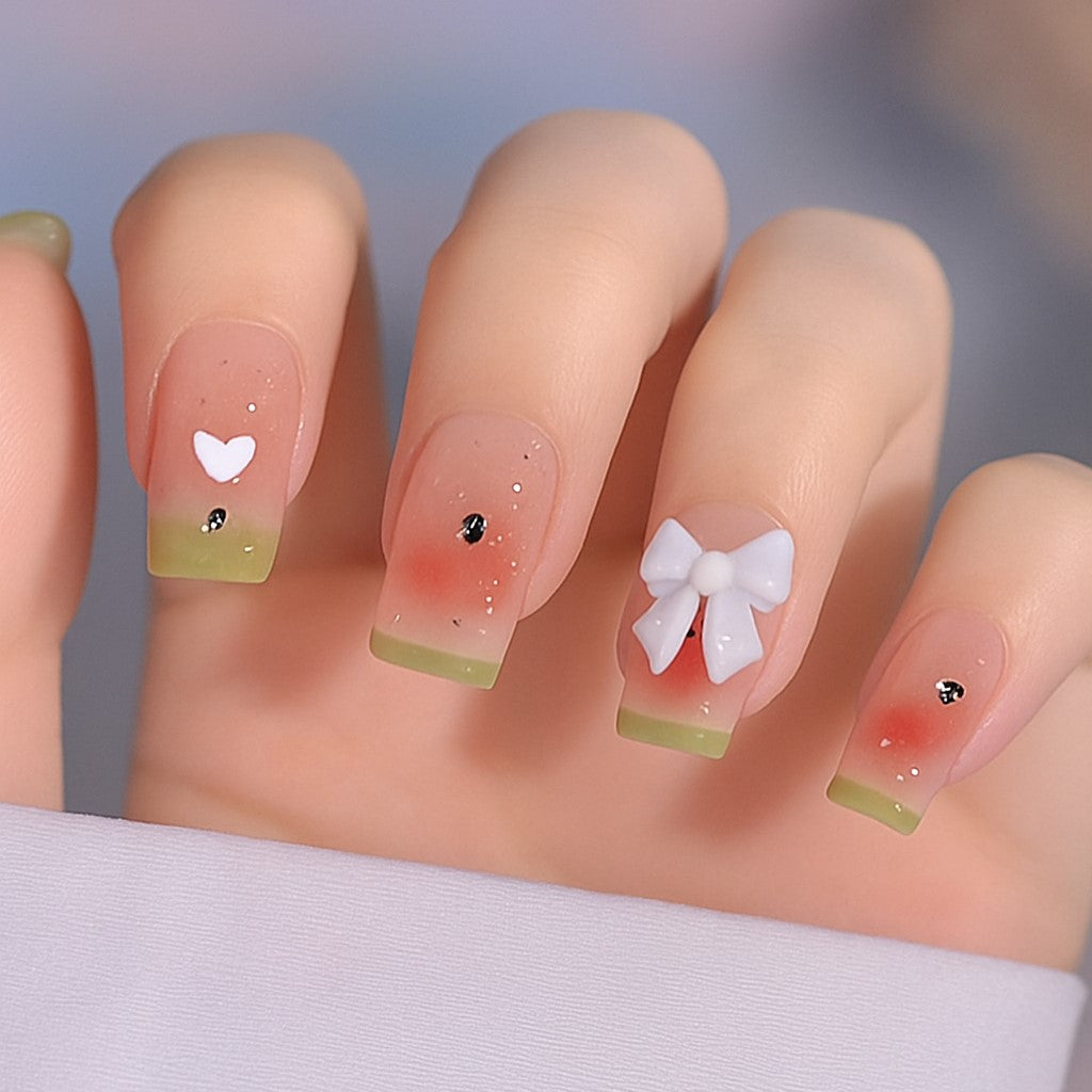Pastel Green French Tip Press-On Nails with 3D Bow & Heart Accent | Set of 12 Reusable Nails