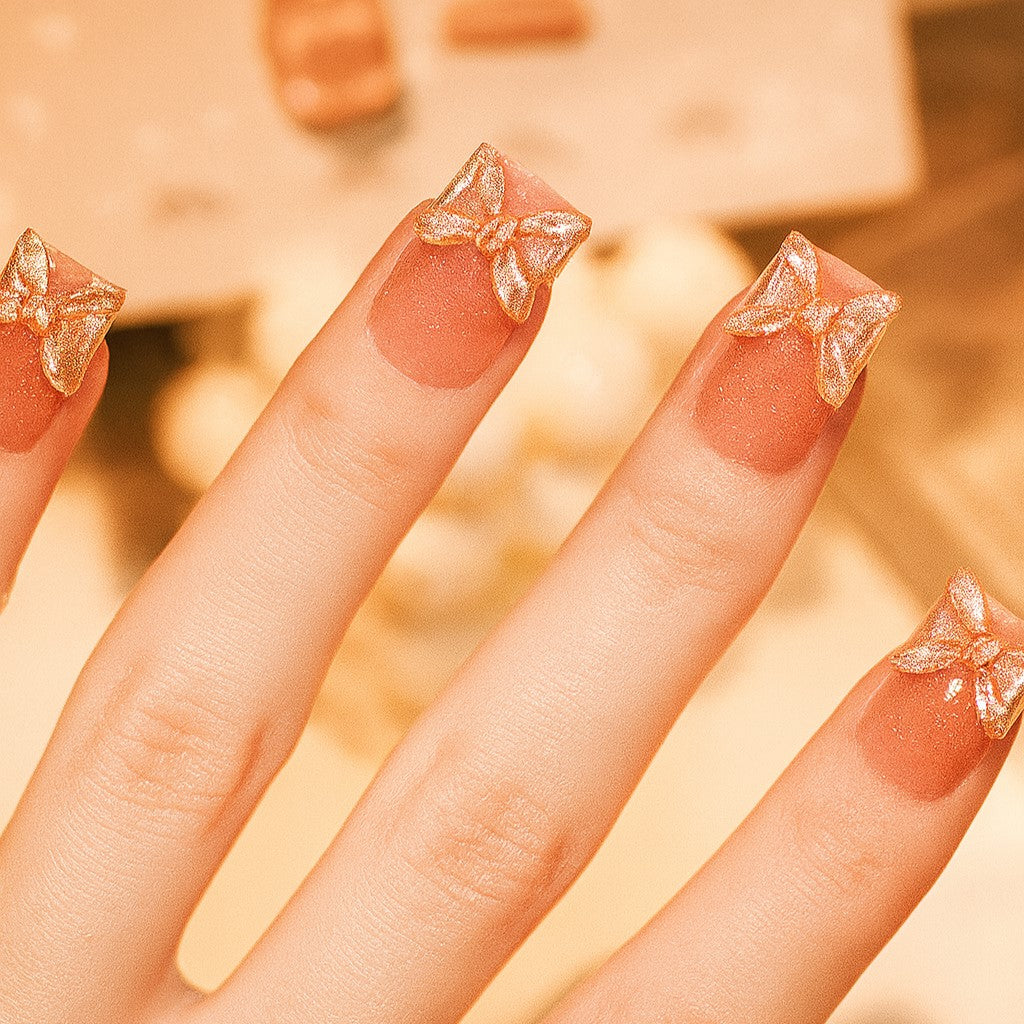 Nude Glitter Bow Square Press-On Nails – 3D Gold Bow Glossy Nail Set (Set of 12)