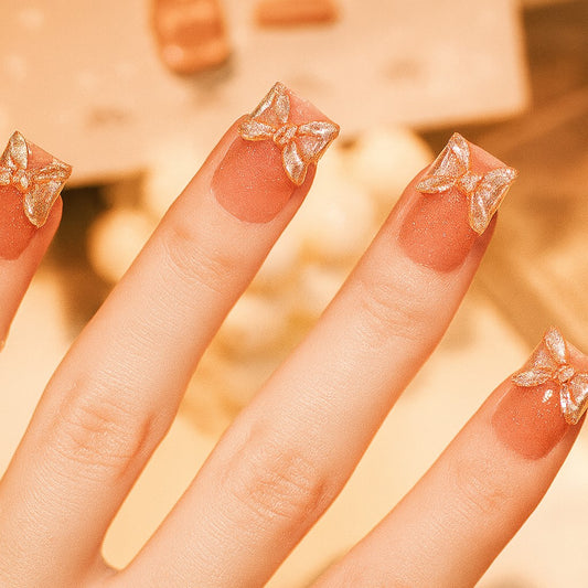 Nude Glitter Bow Square Press-On Nails – 3D Gold Bow Glossy Nail Set (Set of 12)
