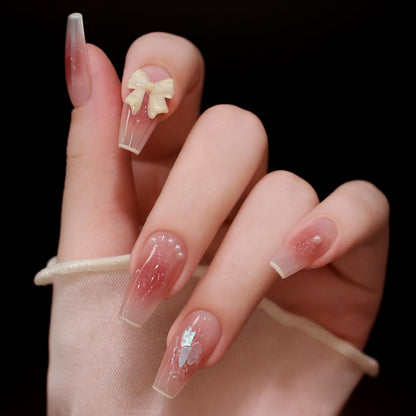 Clear Nude Bow & Pearl Press-On Nails – 12 Piece Glossy Coffin Nail Set