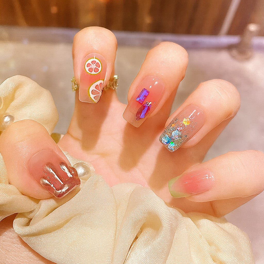 Fruity Glam Square Press-On Nails – Nude Jelly Glitter & Citrus Nail Set (Set of 12)