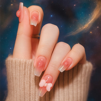 Blush Ombre 3D Bubble Bow Press-On Nails – 12 Piece Glossy Coffin Nail Set