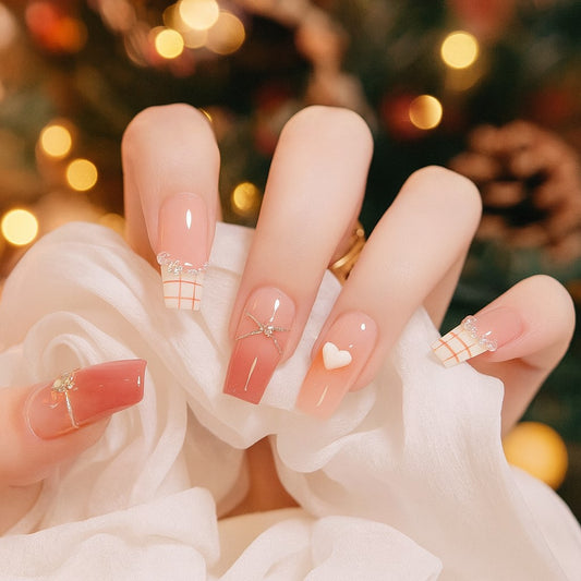 Peach Ombre Heart & Plaid Press-On Nails – 12 Piece Glossy Square Nail Set