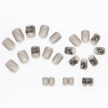 Short Oval Press-On Nail Set – Smoky Gray Cat Eye with 3D Black Gem Design | Glossy Reusable False Nails (Set of 12-Piece )