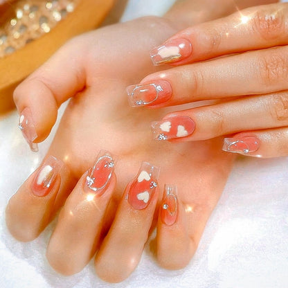 Blush Heart Jelly Square Press-On Nails – Transparent Pink Rhinestone Nail Set (Set of 12)