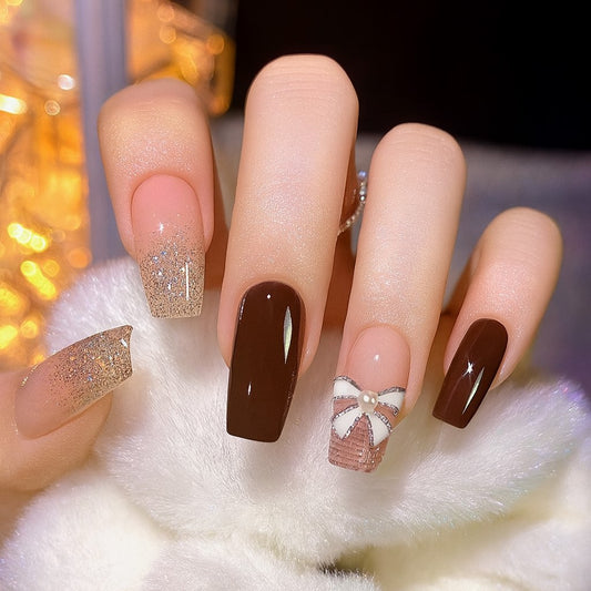 Chocolate Glam Coffin Press-On Nails – Brown Glitter Bow Accent Nail Set (Set of 12)