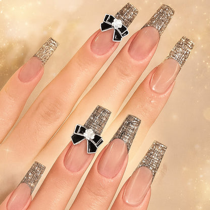 Nude Glitter French Tip Press-On Nails – Black Bow Coffin Nail Set (Set of 12)