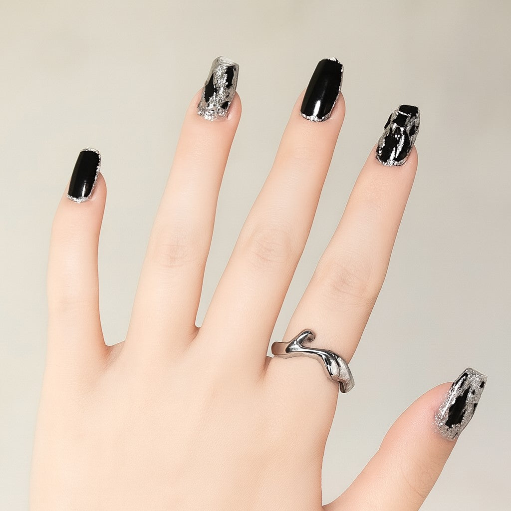 Black & Silver Chrome Marble Press-On Nails – 12 Piece Glossy Square Nail Set