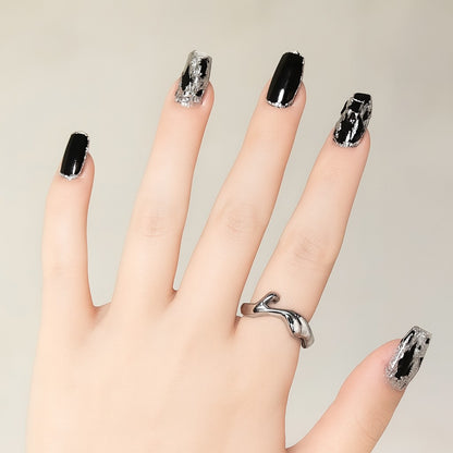 Black & Silver Chrome Marble Press-On Nails – 12 Piece Glossy Square Nail Set
