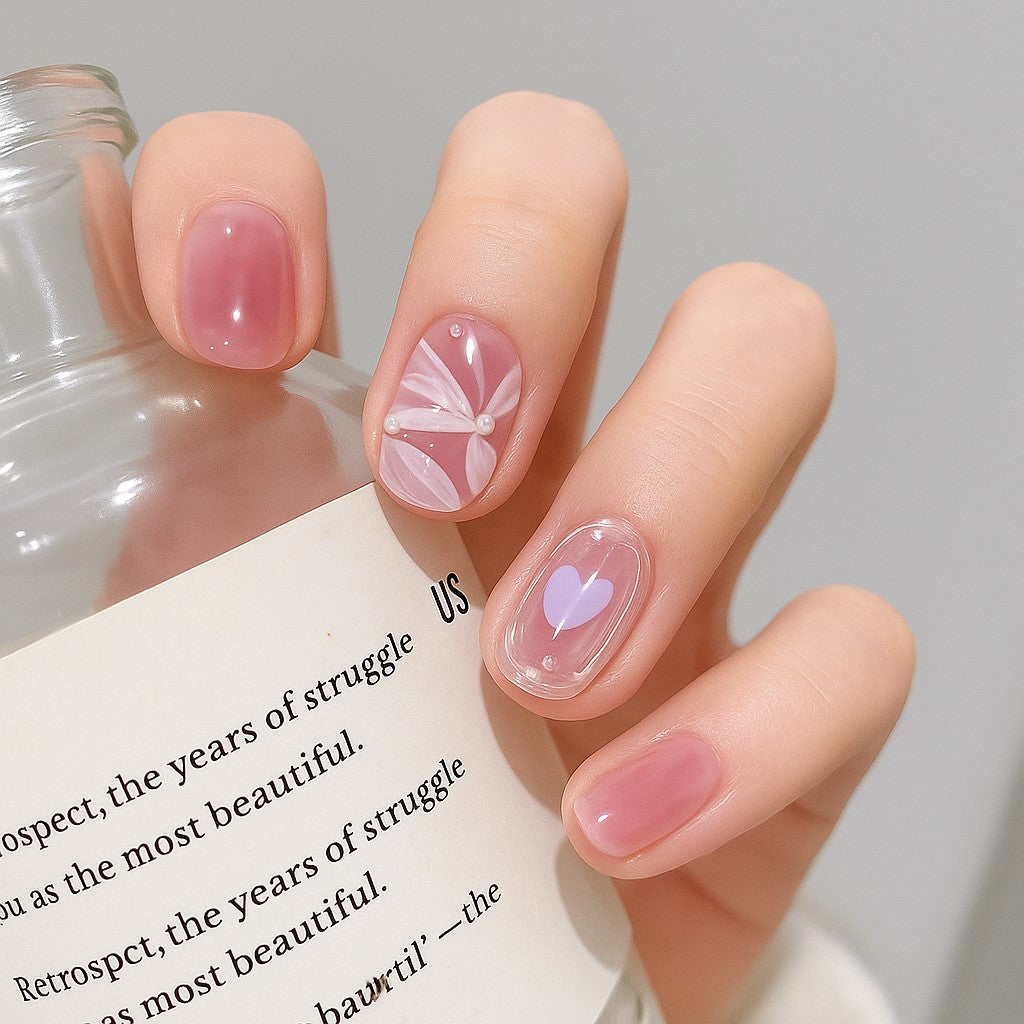 Oval Press-On Nail Set – Jelly Pink Heart & Floral Nails with Pearl Accents | Glossy Reusable False Nails (Set of 12)