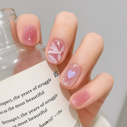 Oval Press-On Nail Set – Jelly Pink Heart & Floral Nails with Pearl Accents | Glossy Reusable False Nails (Set of 12)