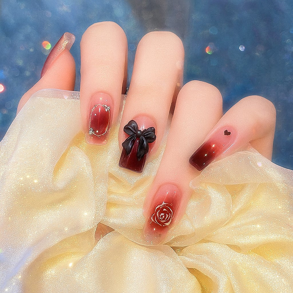 Burgundy Rose Bow Square Press-On Nails – Wine Red Ombre 3D Floral Nail Set (Set of 12)