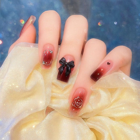 Burgundy Rose Bow Square Press-On Nails – Wine Red Ombre 3D Floral Nail Set (Set of 12)