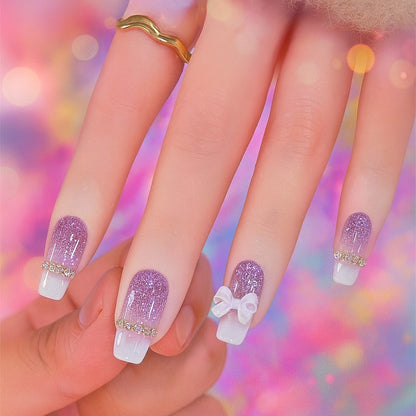 Lavender Glitter French Bow Press-On Nails – 12 Piece Glossy Square Nail Set