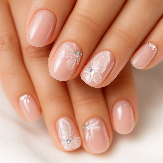 Oval Press-On Nail Set – Blush Pink 3D Floral Nails with Rhinestone Accents | Glossy Reusable False Nails (Set of 12)