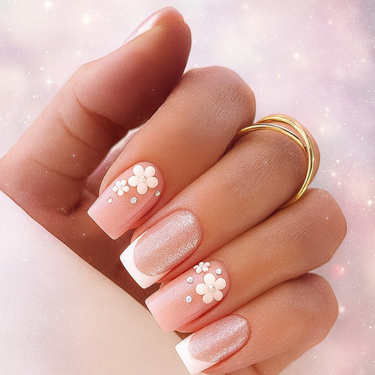 Blush Blossom French Tip Press-On Nails – Pink Floral Square Nail Set (Set of 12)