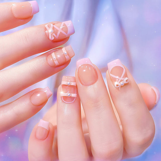 Short Square Press-On Nail Set – Pink French Tip with 3D Bow & Pearl Accents | Glossy Reusable False Nails (Set of 12)