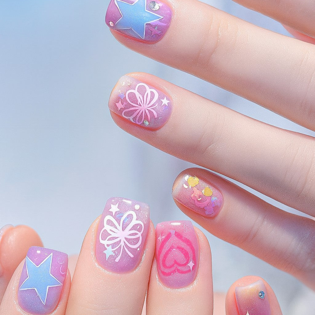 Short Square Press-On Nail Set – Pastel Purple Star & Floral Kawaii Nails | Glossy Reusable False Nails (Set of 12)